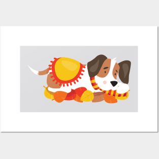 Autumn Dog, Cute Dog, Sleeping Dog, Autumn Leaves Posters and Art